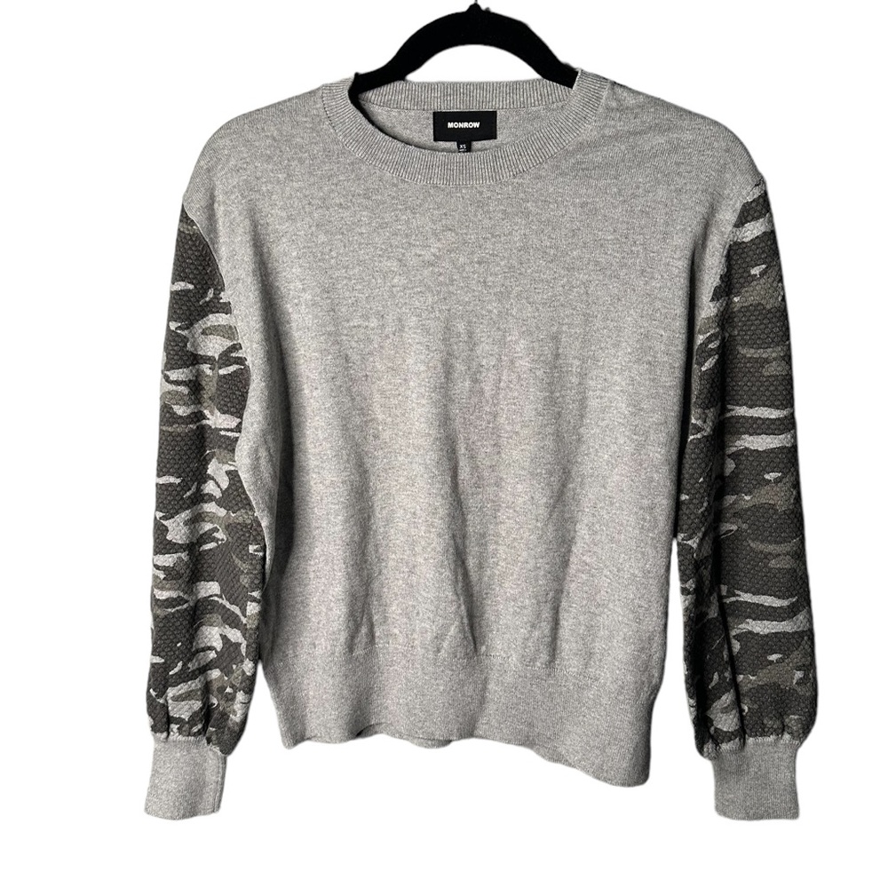 Monrow Gray Crew Neck Camo Contrast Cashmere Blend Sweater Sz XS